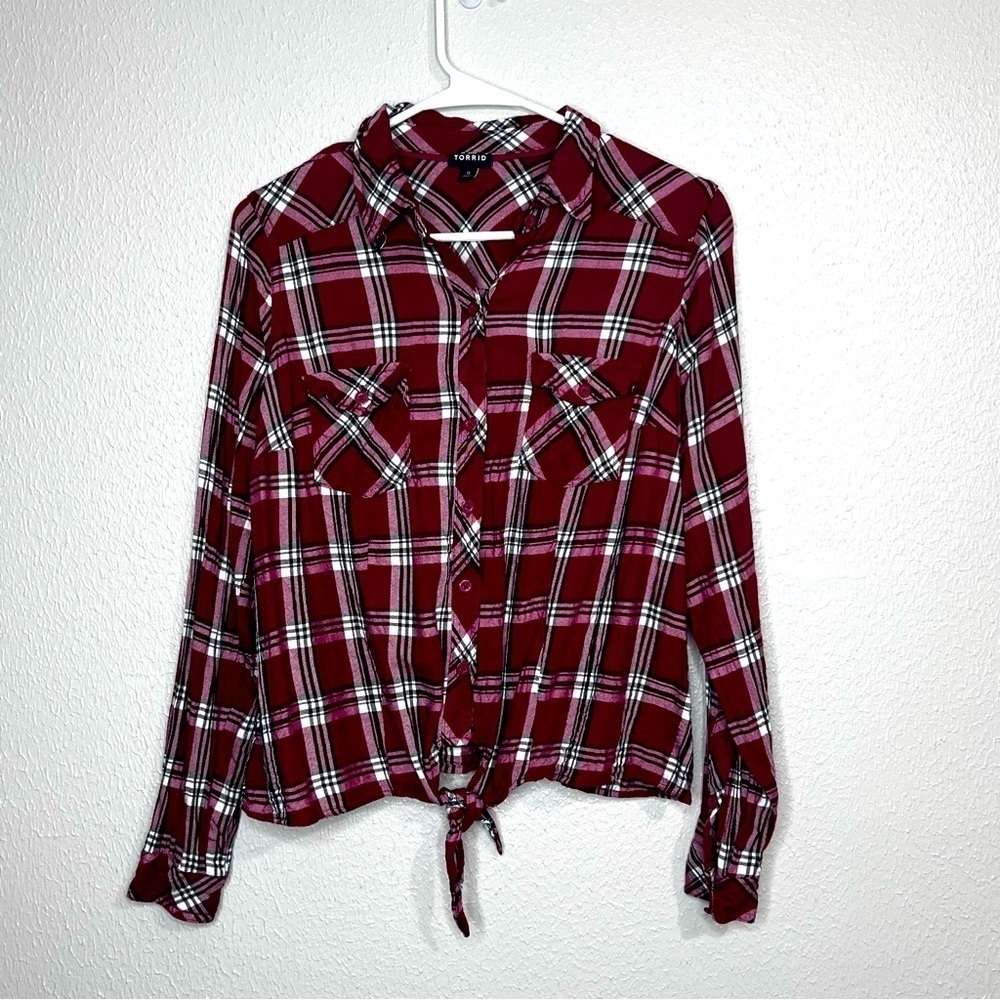 Torrid Womens 0X Plaid Flannel Shirt Long Sleeve Tie Front Top Dark Pink
